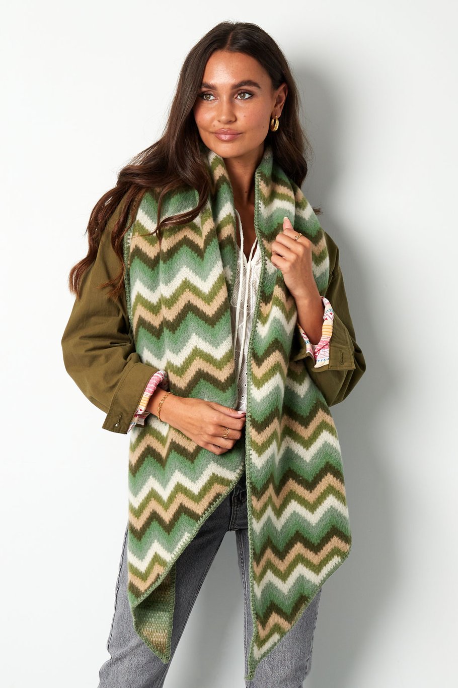 Scarf with zigzag print - green orange h5Picture4